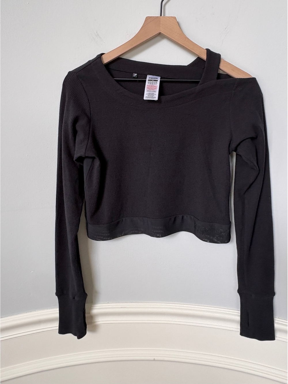 Gymshark Women's Black Long Sleeve Crop Top with Asymmetric Neckline Size S